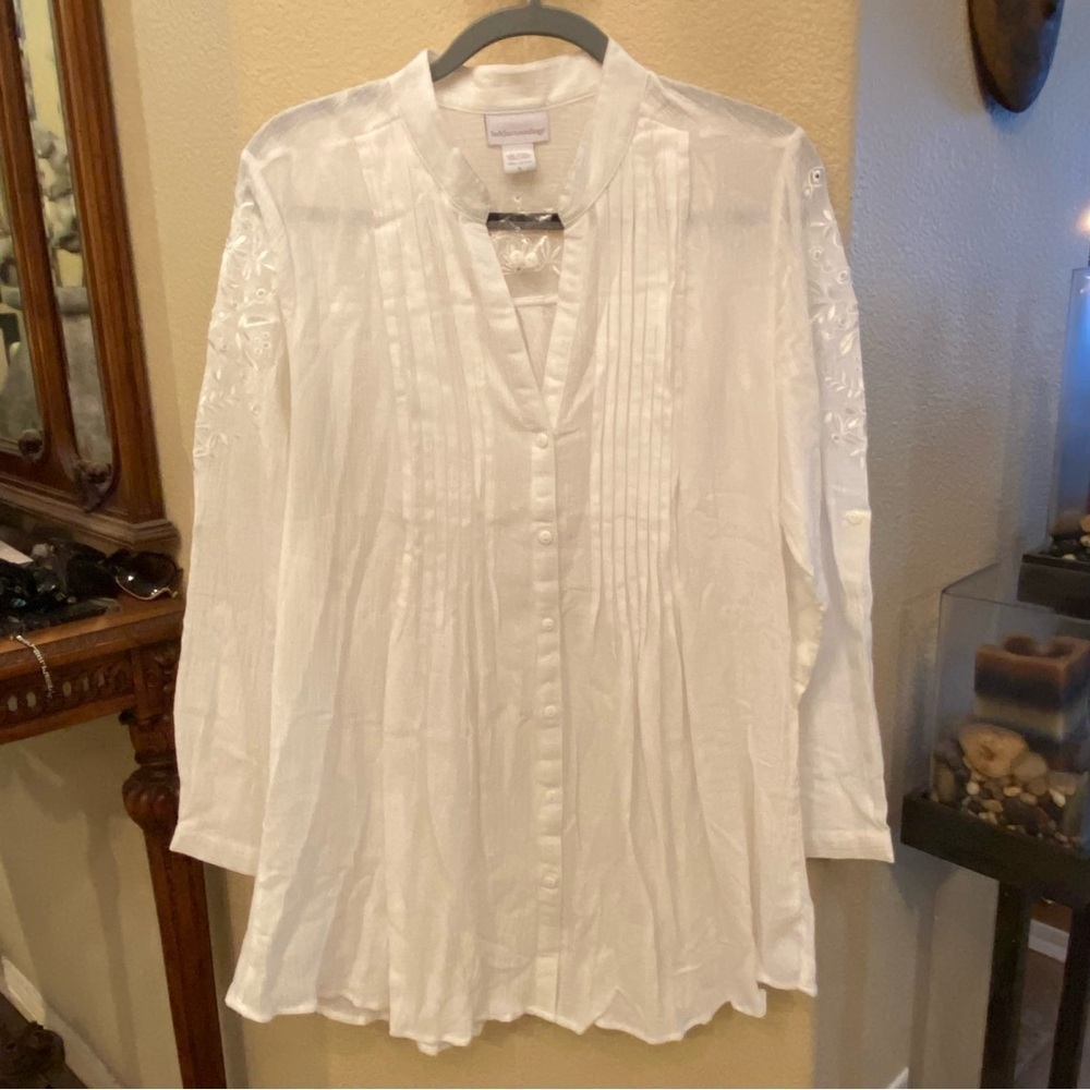 NWT~SOFT SURROUNDINGS Women White Semi-Sheer Pleated Embroidery Tunic Top-Large